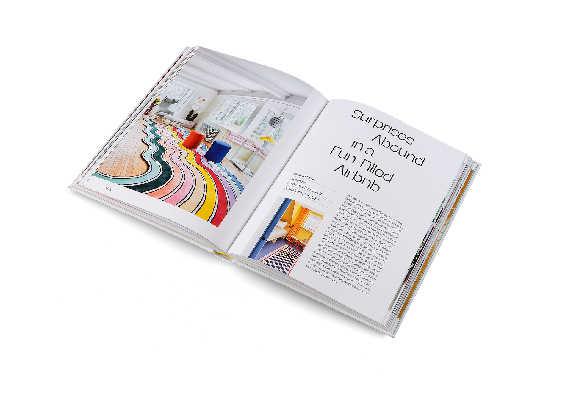 Open book with interior design images and text on a white background