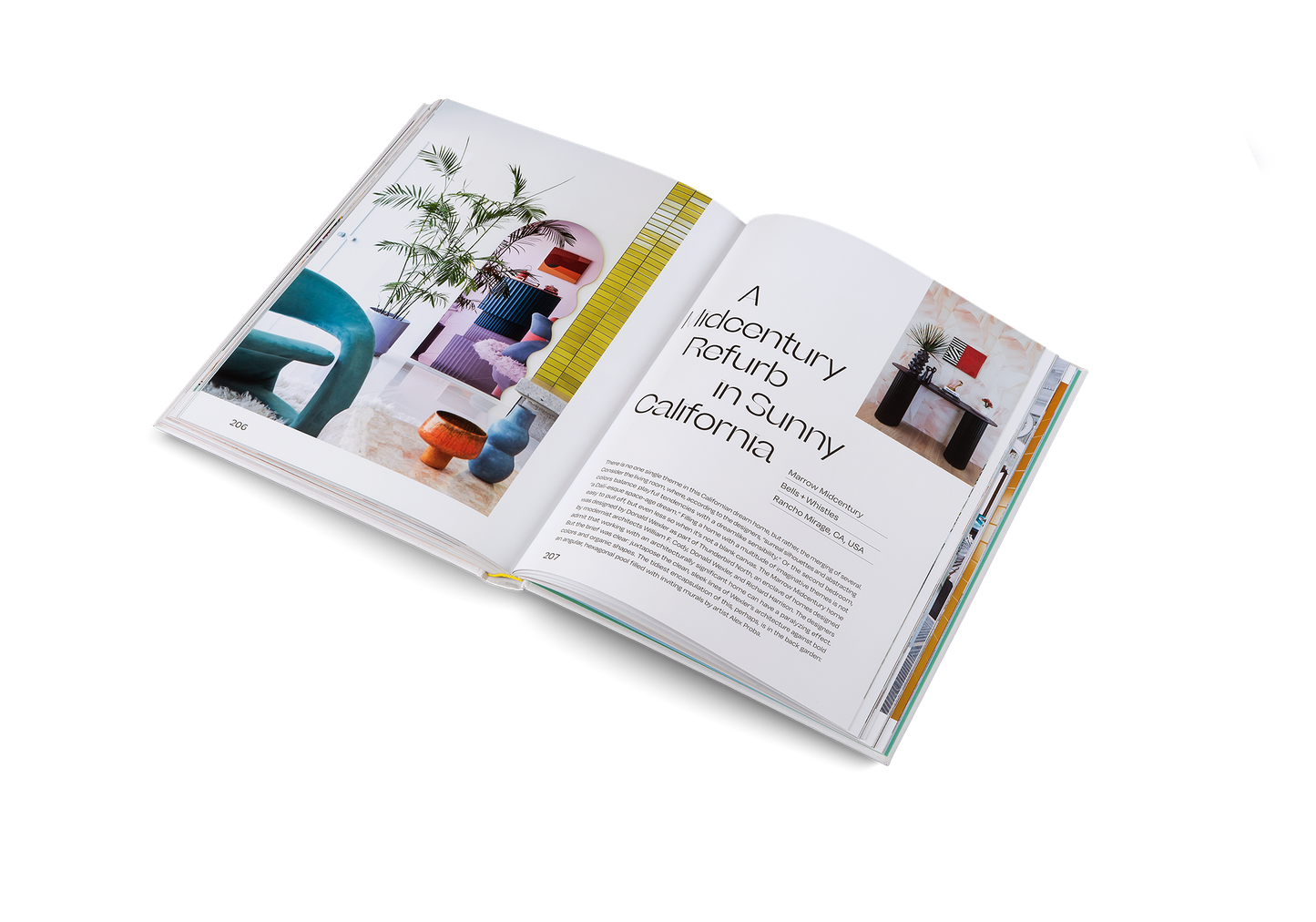 Open book with interior design content on a white background