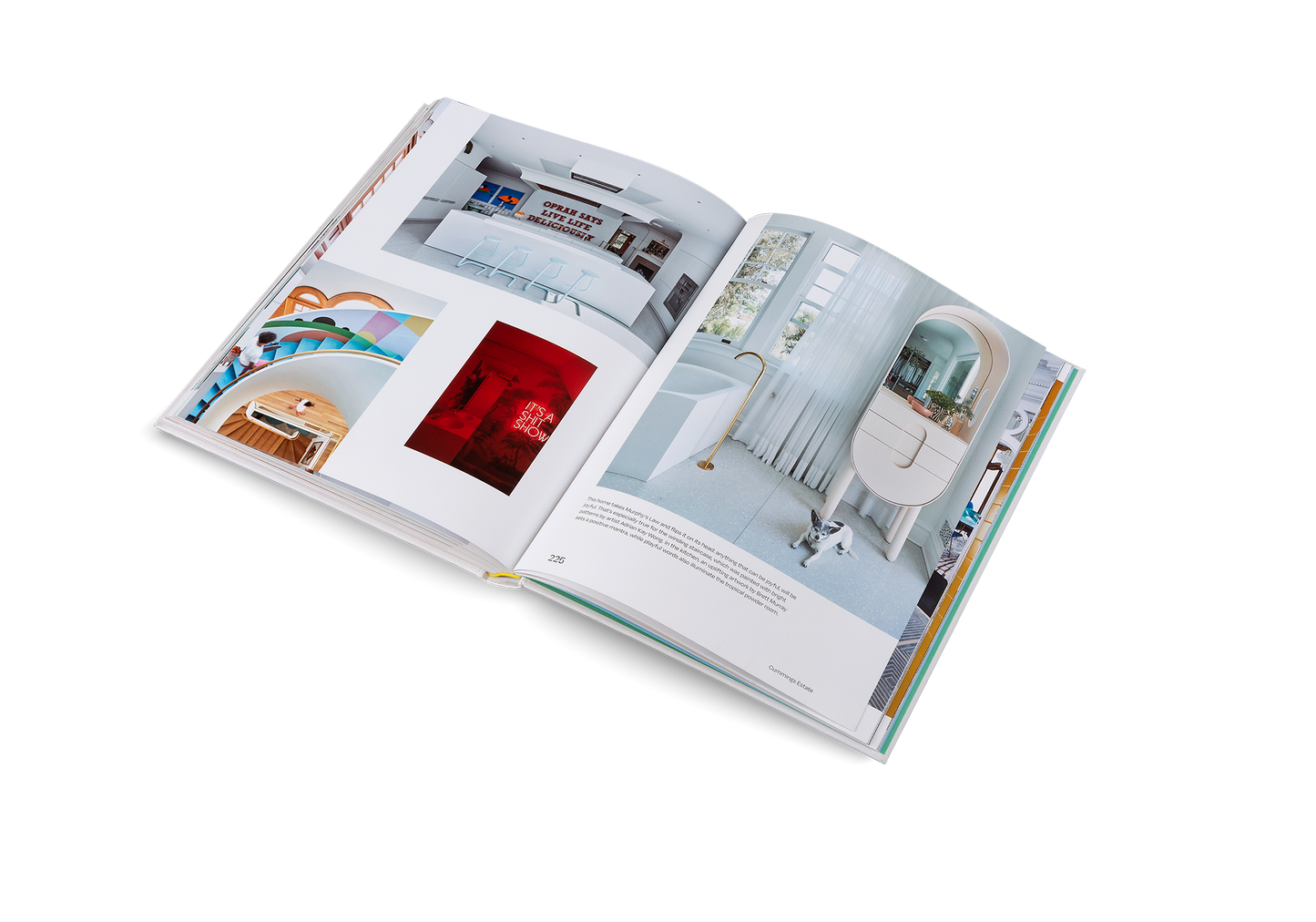 Open book displaying interior design images on a white background