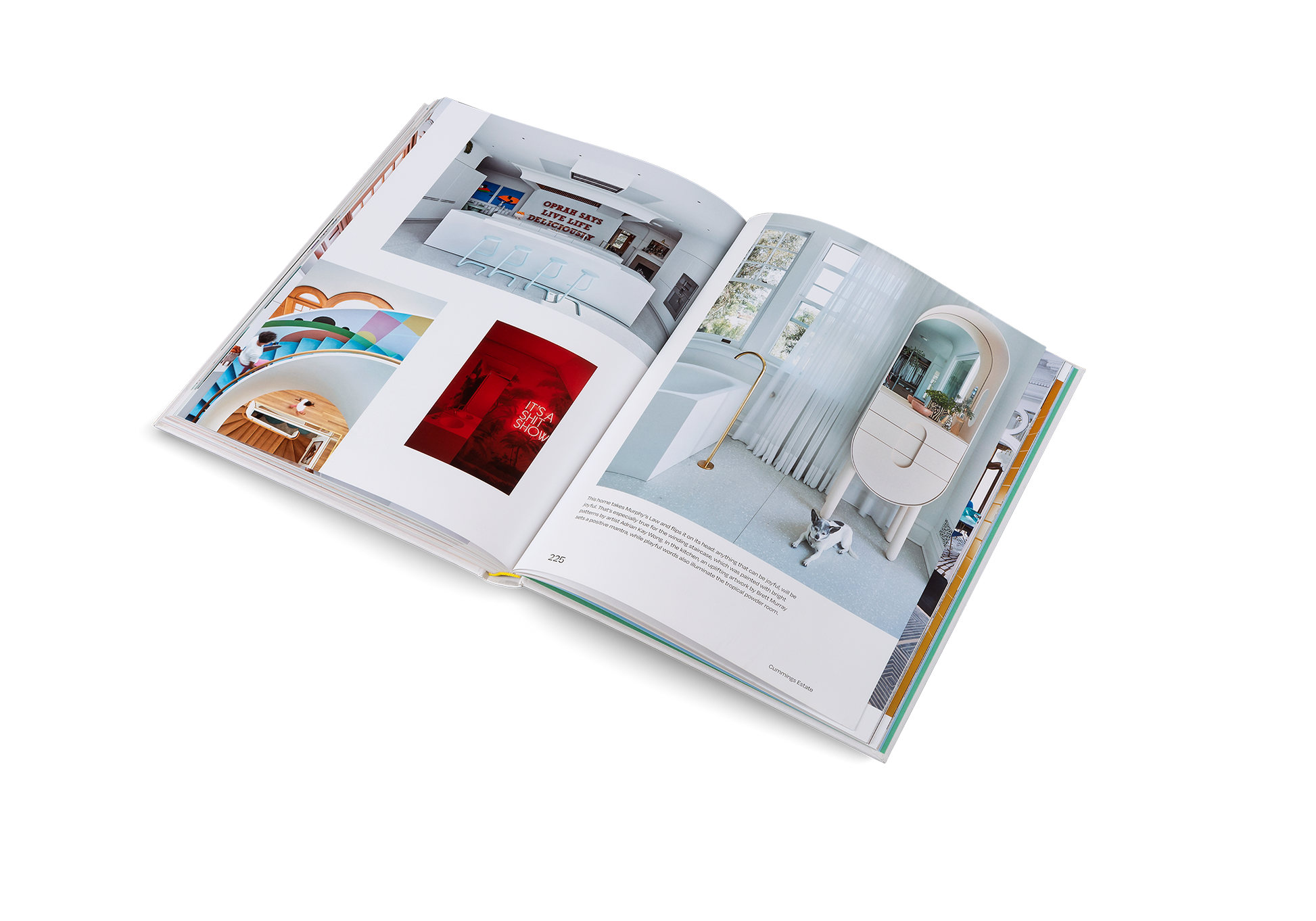 Open book displaying interior design images on a white background