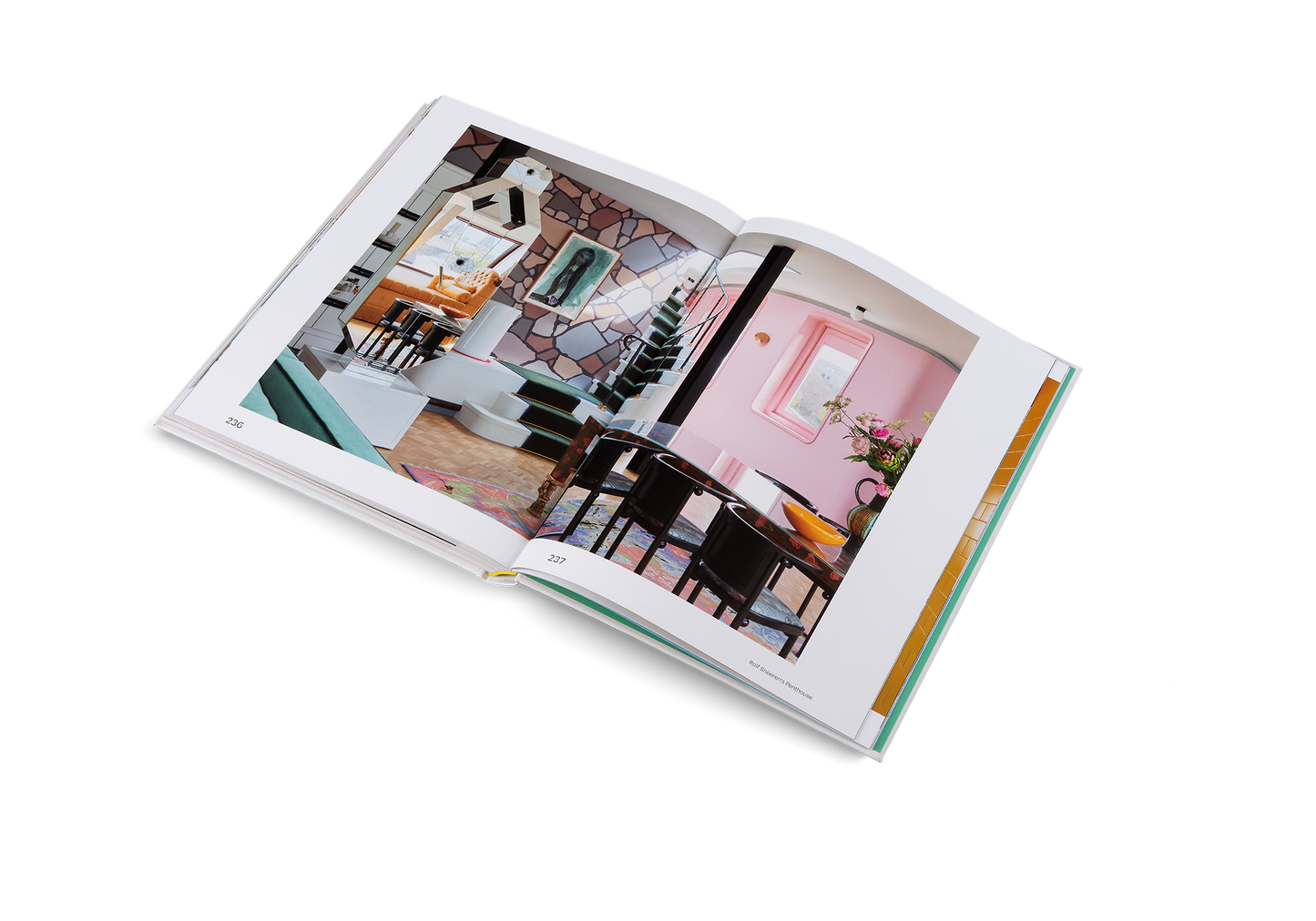 Open book showing interior design images on a white background