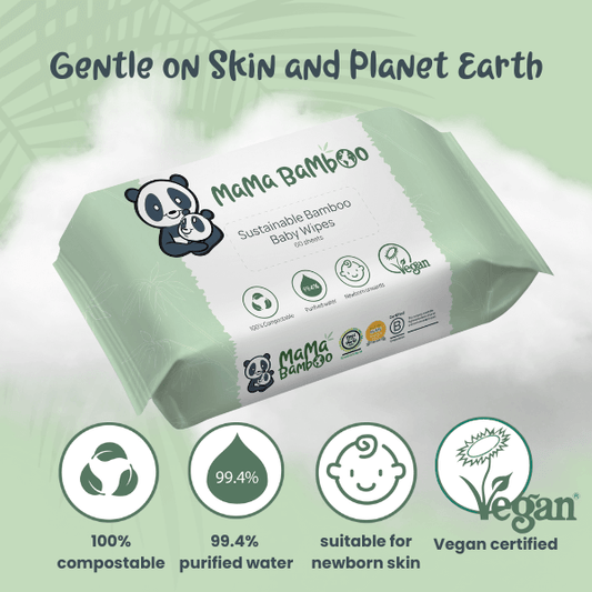 Mama Bamboo sustainable bamboo baby wipes packaging with green and white design.