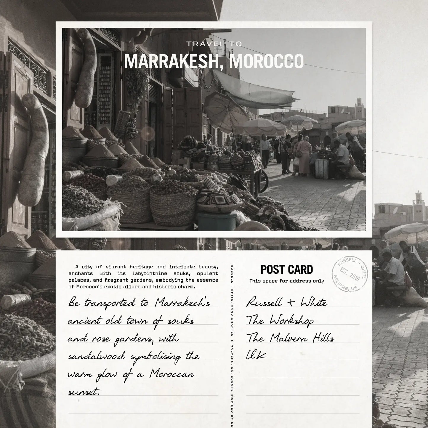 Travel postcard to Marrakesh, Morocco with market scene and black and white design.