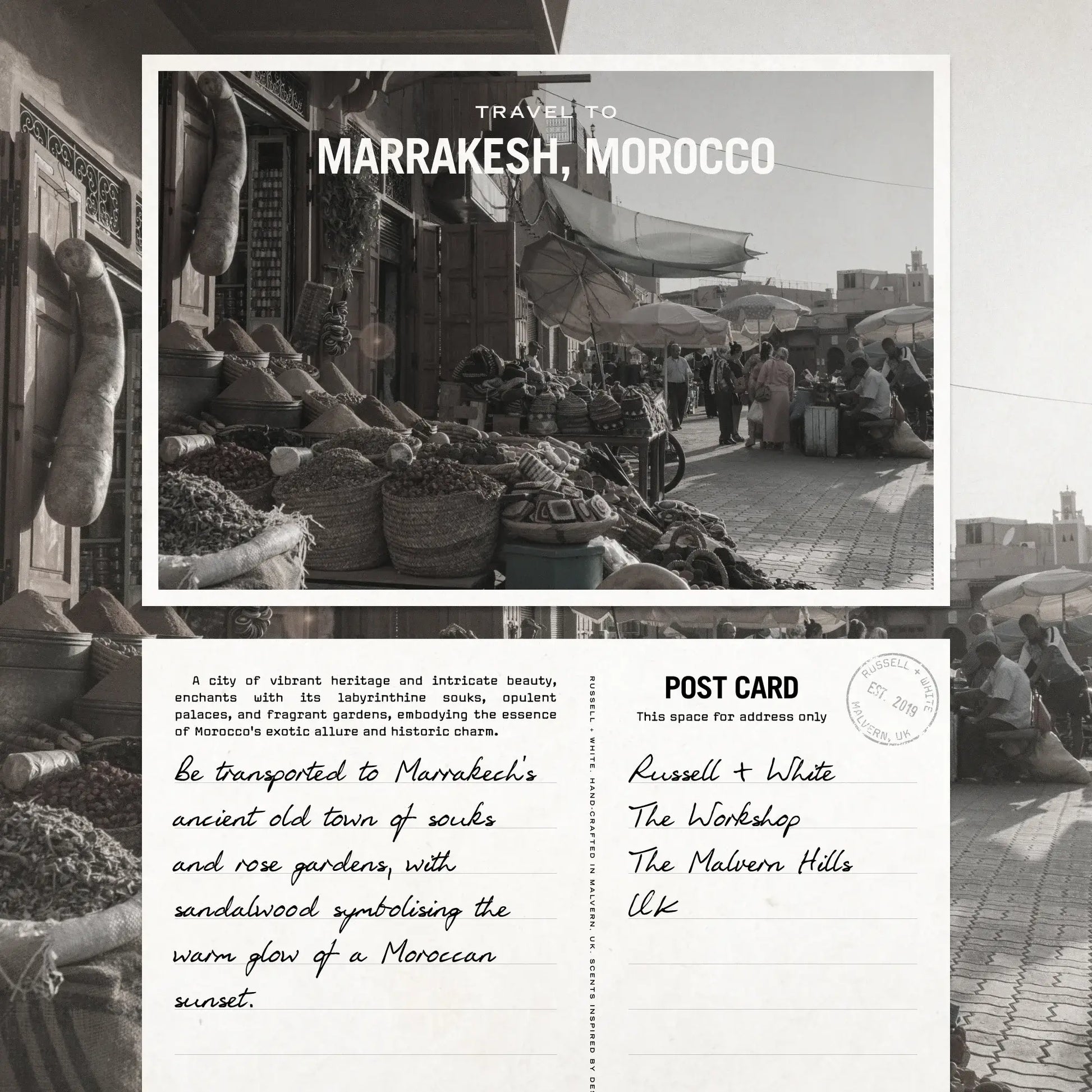 Travel postcard to Marrakesh, Morocco with market scene and black and white design.