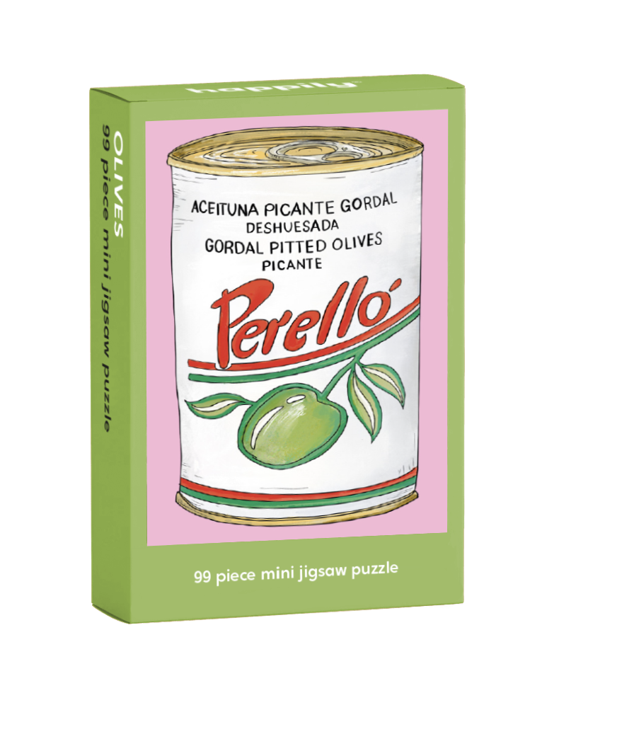 Perello olives puzzle box with green border and white center