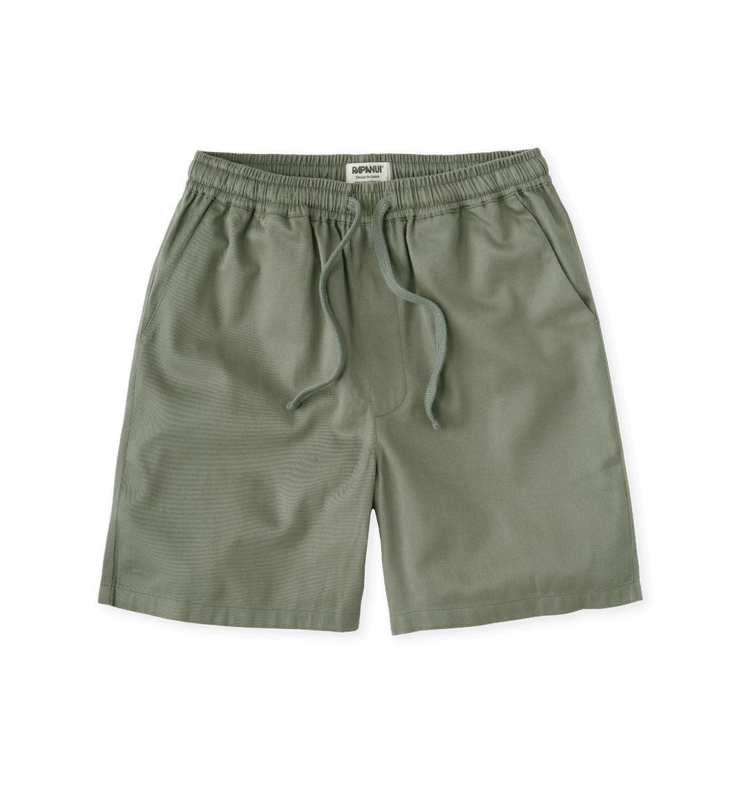 Men's Sandbar Drawstring Organic Cotton Shorts in olive green, featuring a comfortable drawstring waist and breathable fabric.