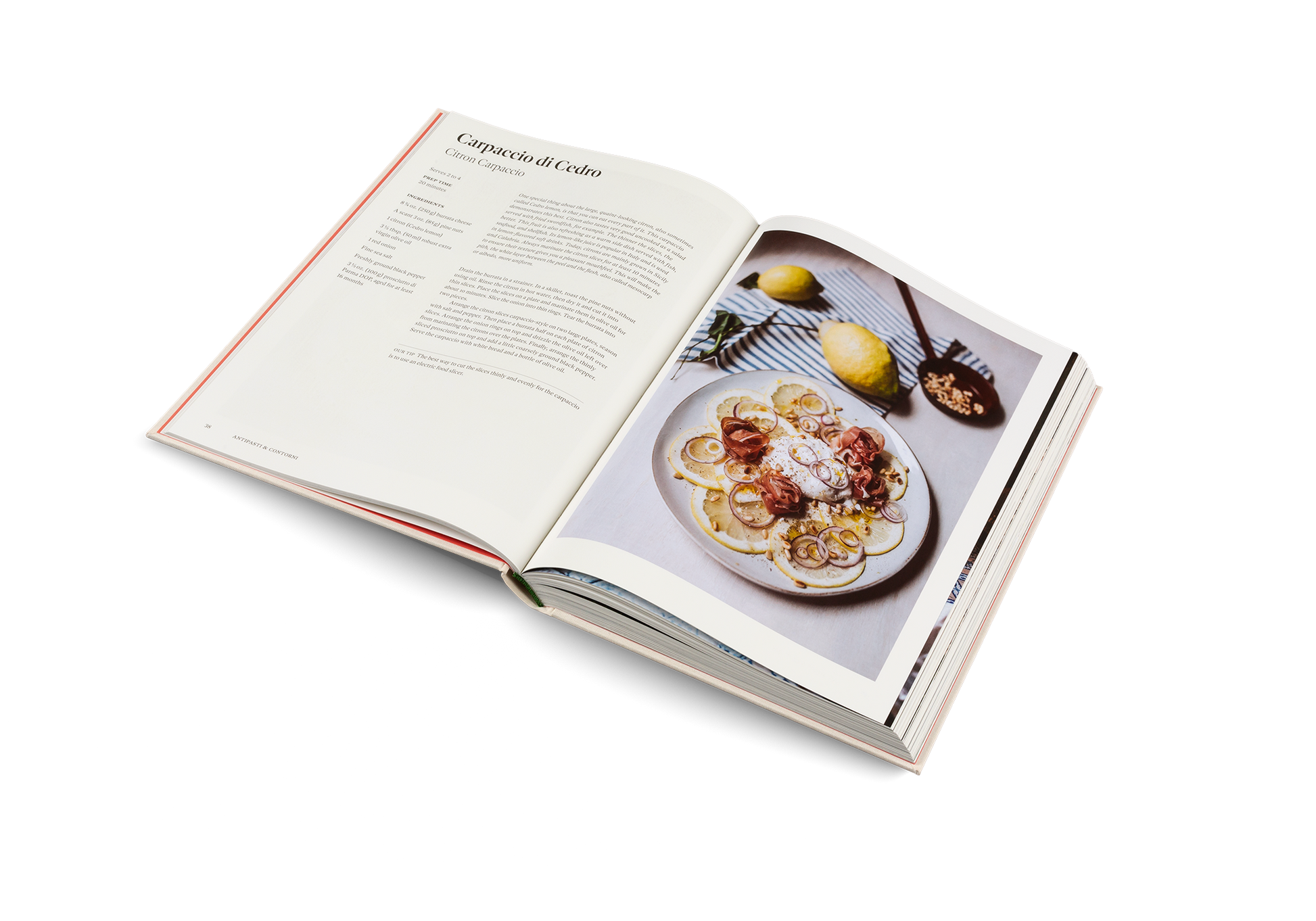 Open cookbook showing a page with a recipe for Carpanelli Cacio