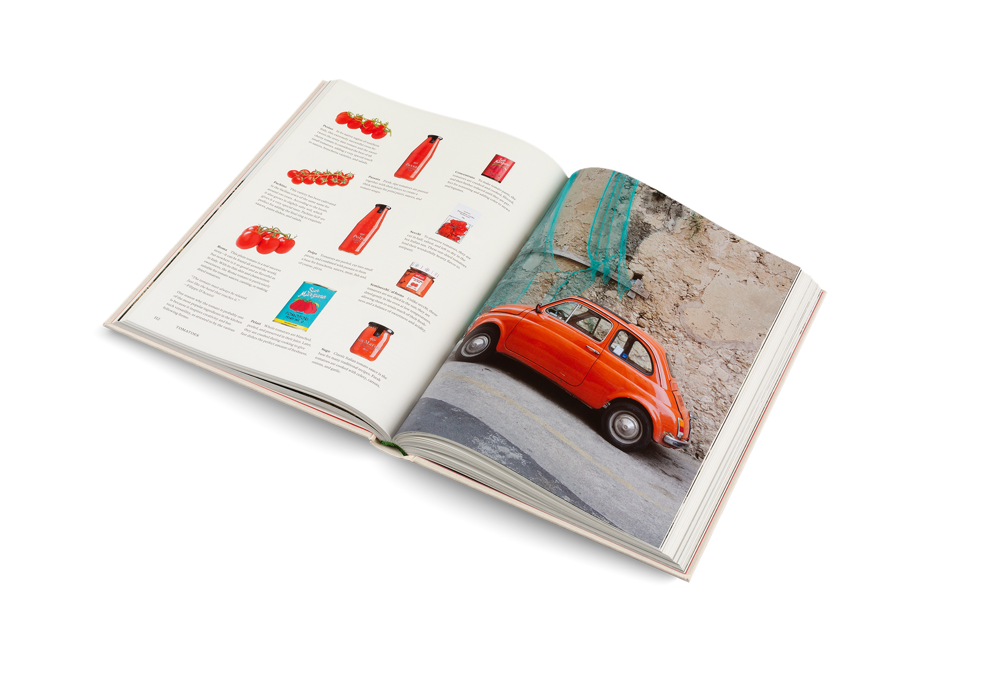 Open book with images of a red car and other objects on a white background
