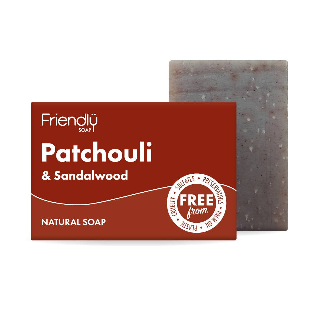 Patchouli & Sandalwood natural soap with red packaging and visible brand logo on a white background