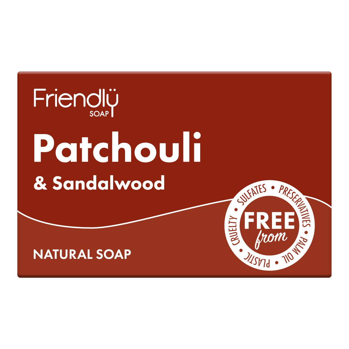 Bar of Friendly Soap with Patchouli & Sandalwood scent on a red background