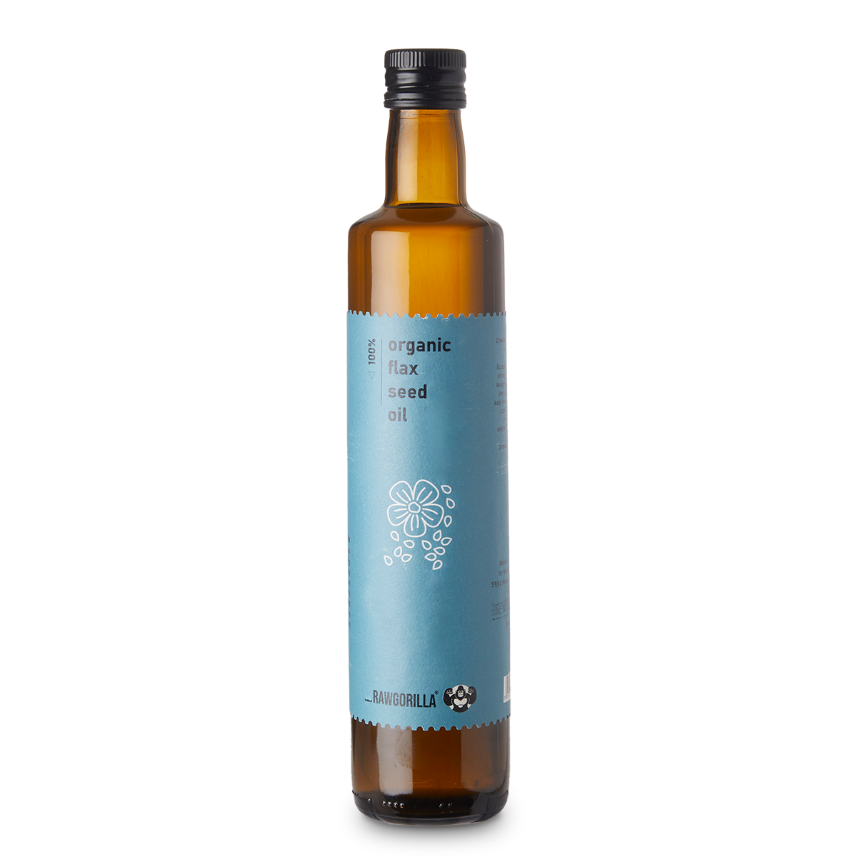 Cold Pressed Organic Flaxseed Oil   - 500ml - RAWGORILLA bottle with blue label, eco-friendly product at alewk.club.