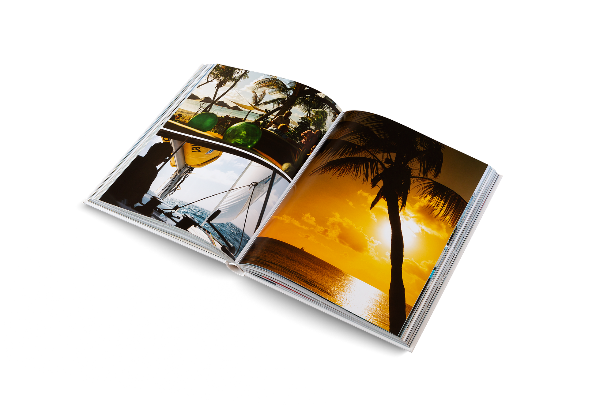 Open photo album showing a sunset and palm tree scene