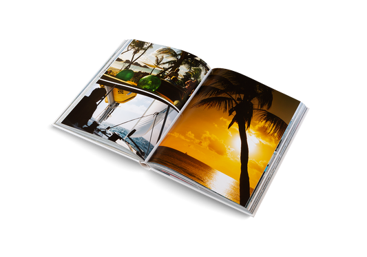 Open photo album showing a sunset and palm tree scene