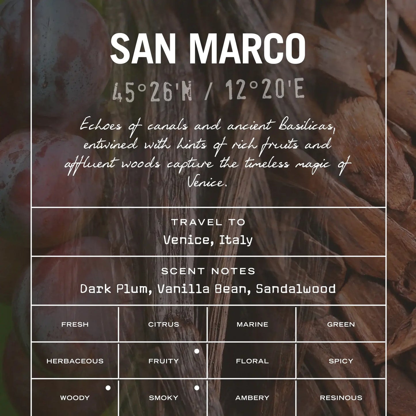 Product packaging for 'San Marco' with text and scents listed, featuring dark wood and fruit elements.