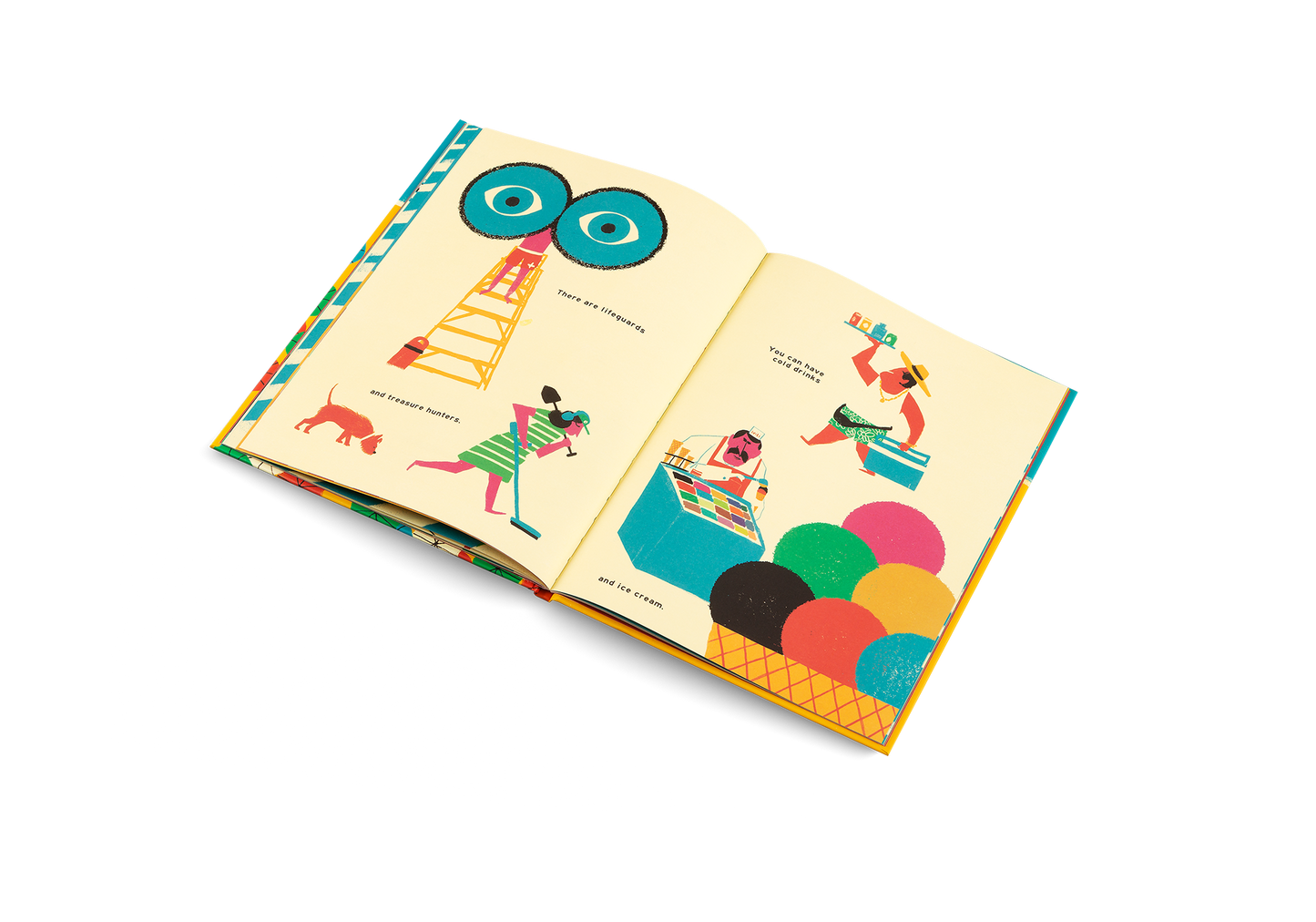 Open book with colorful illustrations on a white background