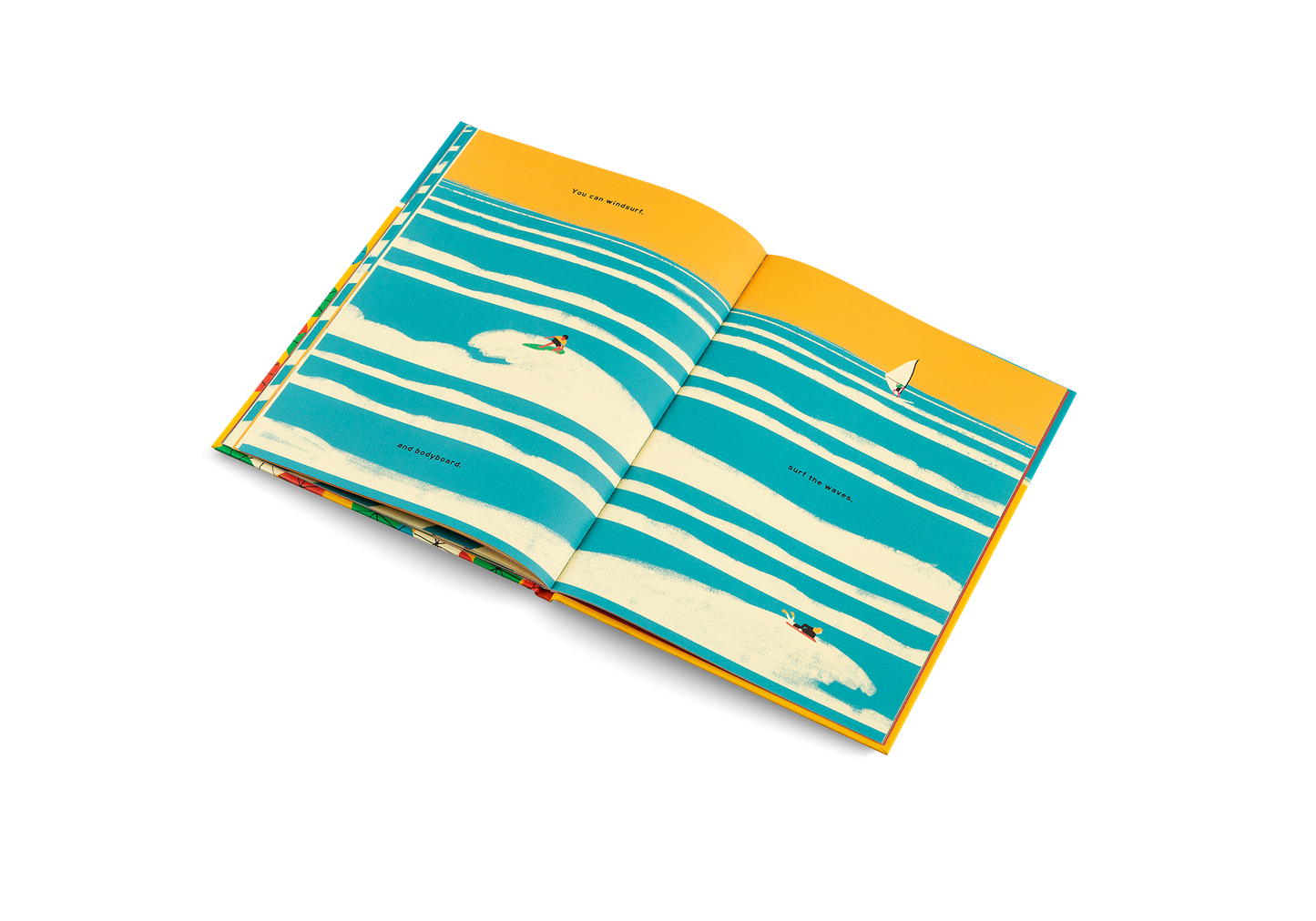 Open book with striped pages and a whale illustration on a white background
