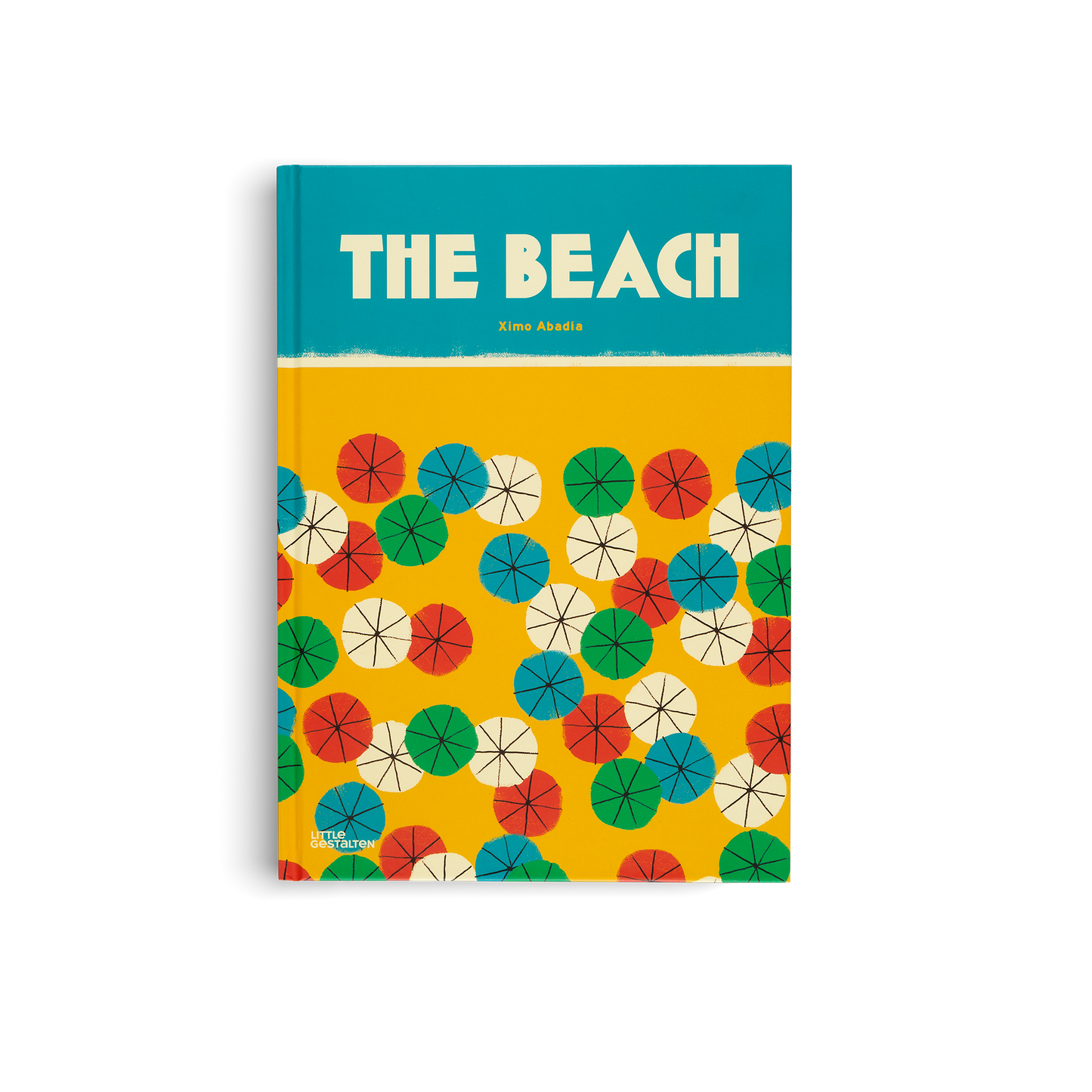 Book cover of 'The Beach' with colorful umbrella pattern on a yellow background