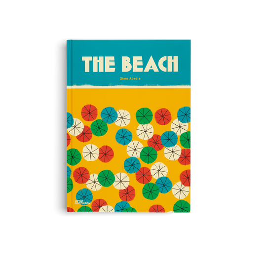 Book cover of 'The Beach' with colorful umbrella pattern on a yellow background