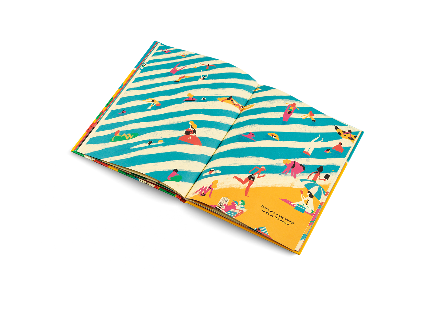 Open book with beach-themed illustrations on a white background