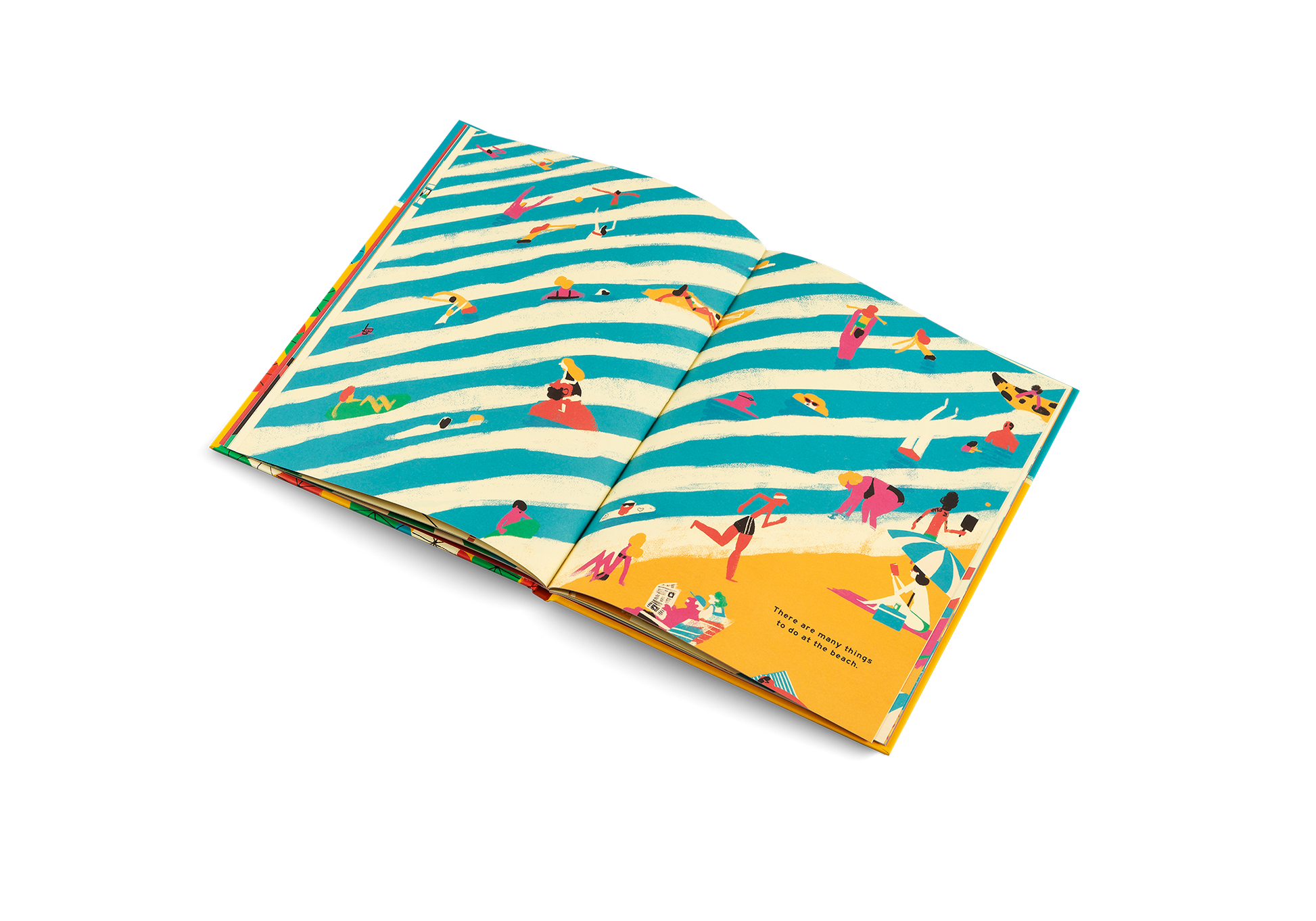 Open book with beach-themed illustrations on a white background