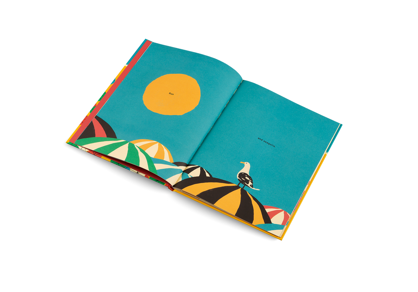 Open book with colorful geometric illustrations on a white background