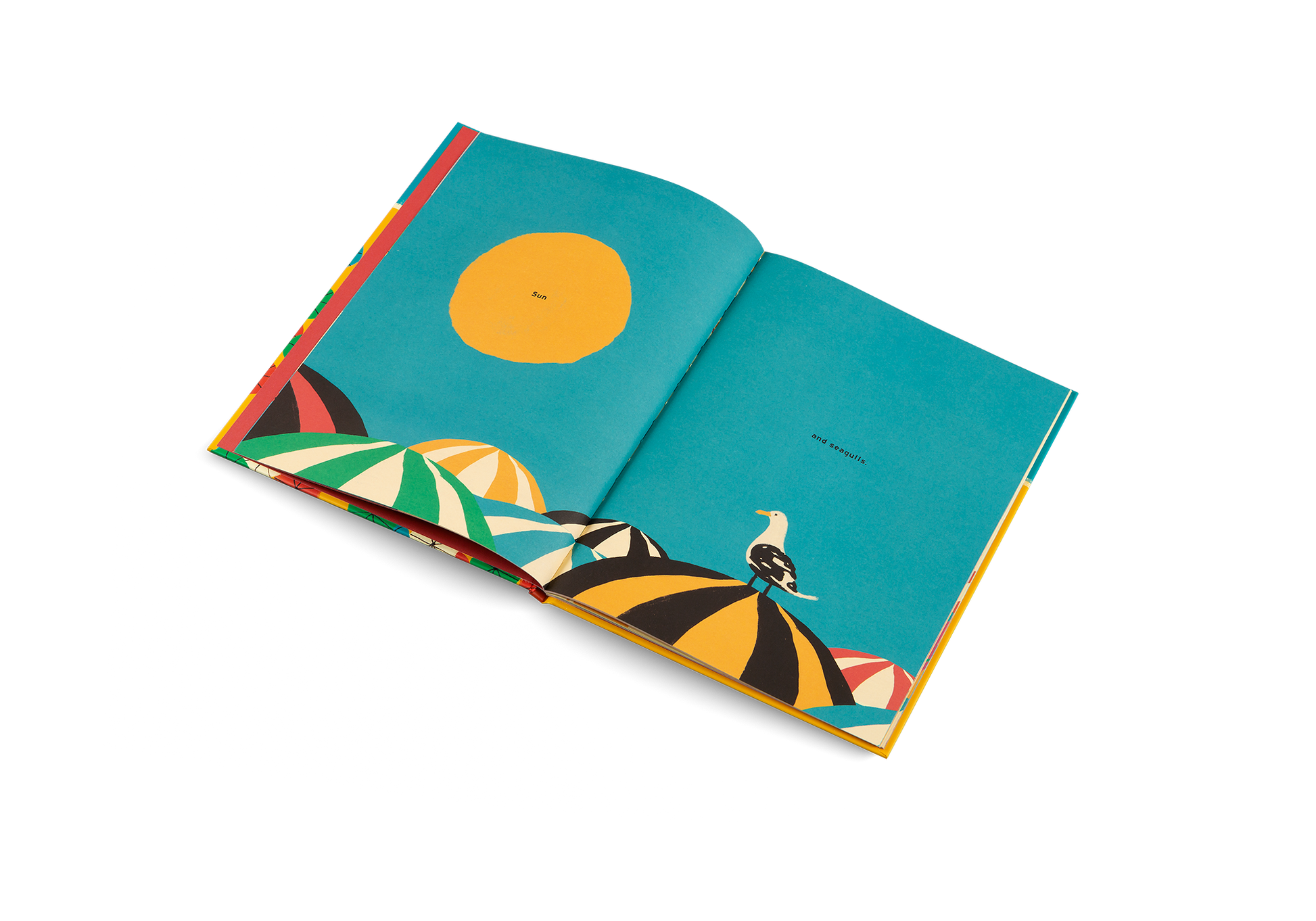 Open book with colorful geometric illustrations on a white background