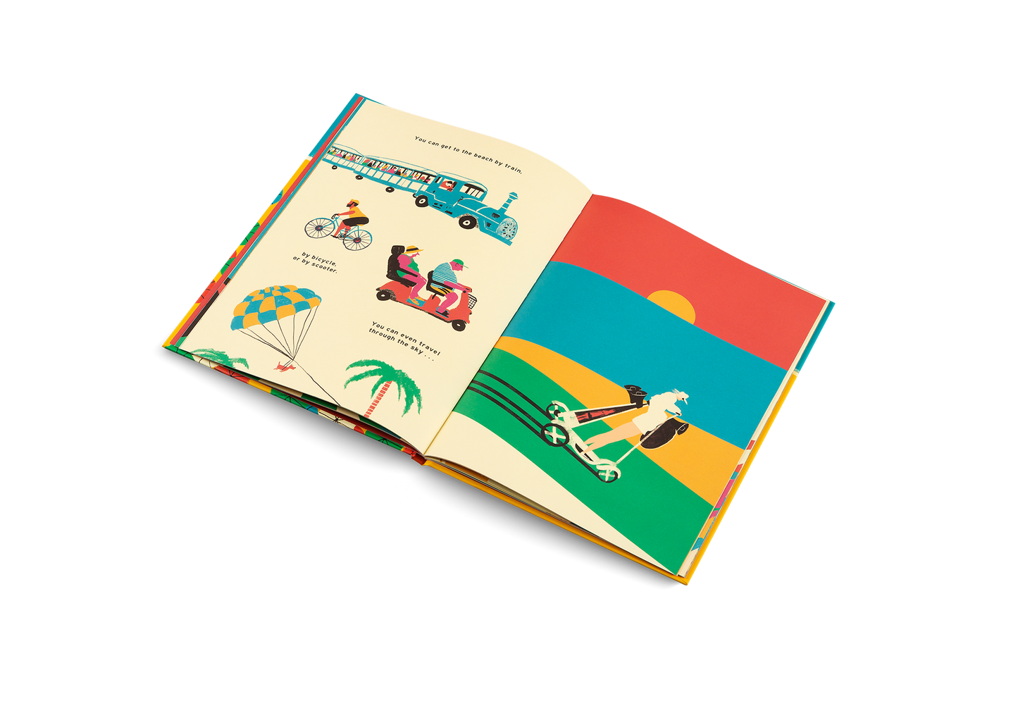 Open book with colorful illustrations on a white background