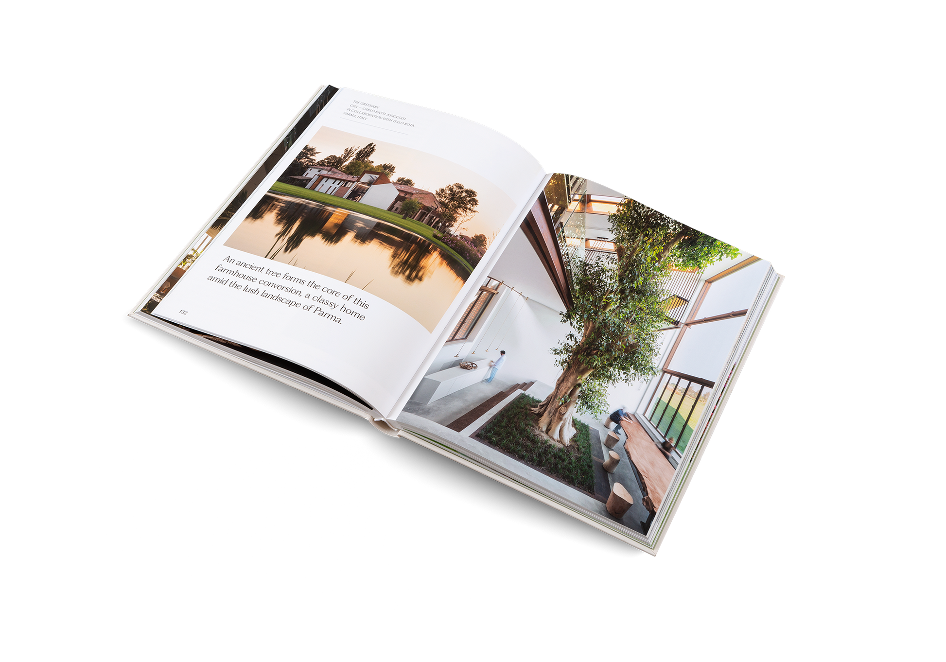 Open book showing images of a house exterior with a garden.