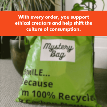 Green mystery bag with text about supporting ethical creators and shifting consumption culture.