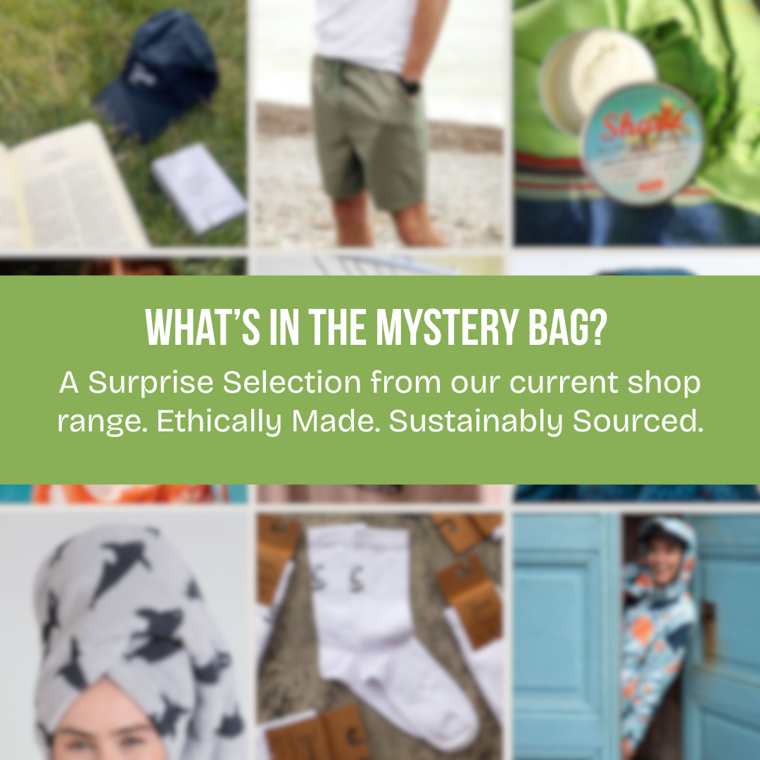 Promotional image with text 'What's in the Mystery Bag?' and product images on a green banner.