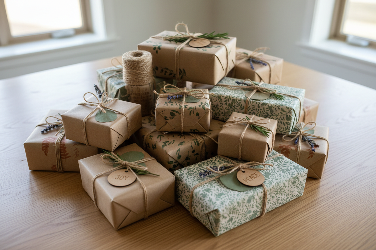 a selection of different size wrap sustainble gifts and in a pile on a table 