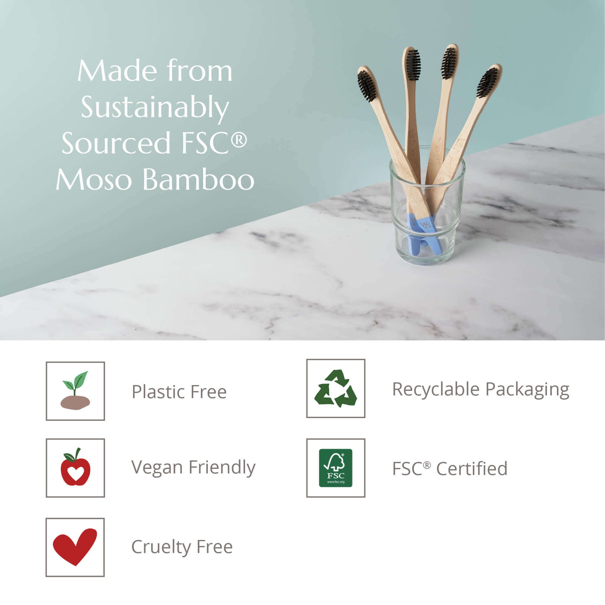 Bamboo toothbrushes in a glass on a marble surface with sustainability certification icons below.