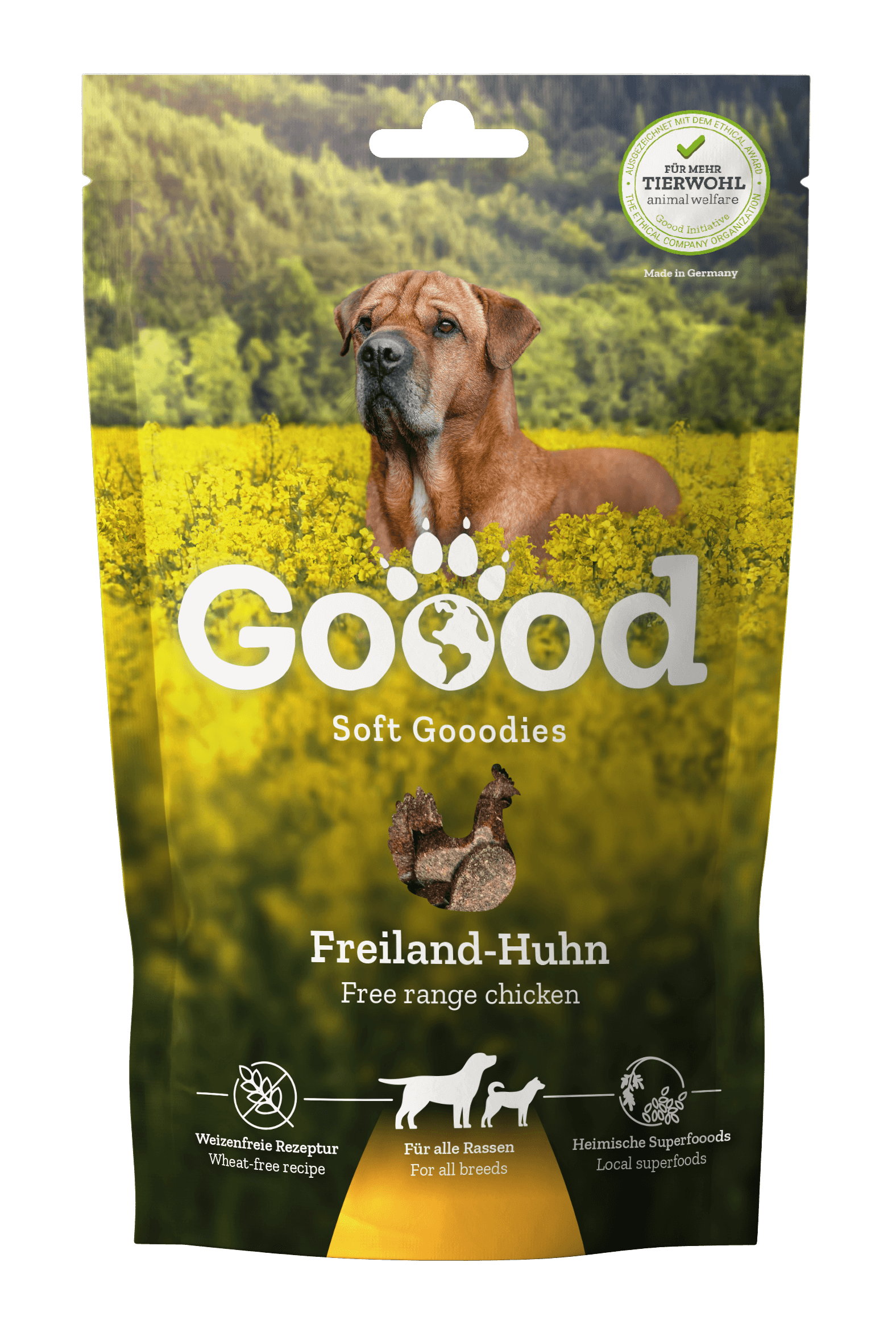 Adult Soft Gooodies - Free Range Chicken packaging featuring a dog in a field.