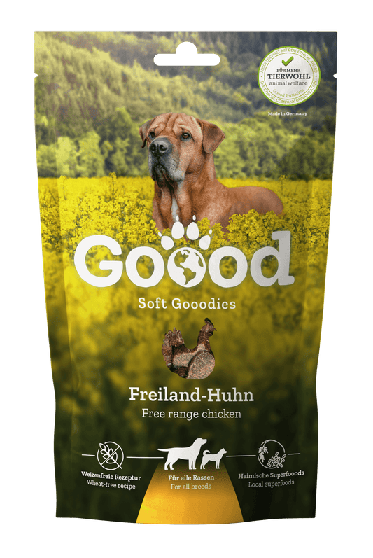 Adult Soft Gooodies - Free Range Chicken packaging featuring a dog in a field.
