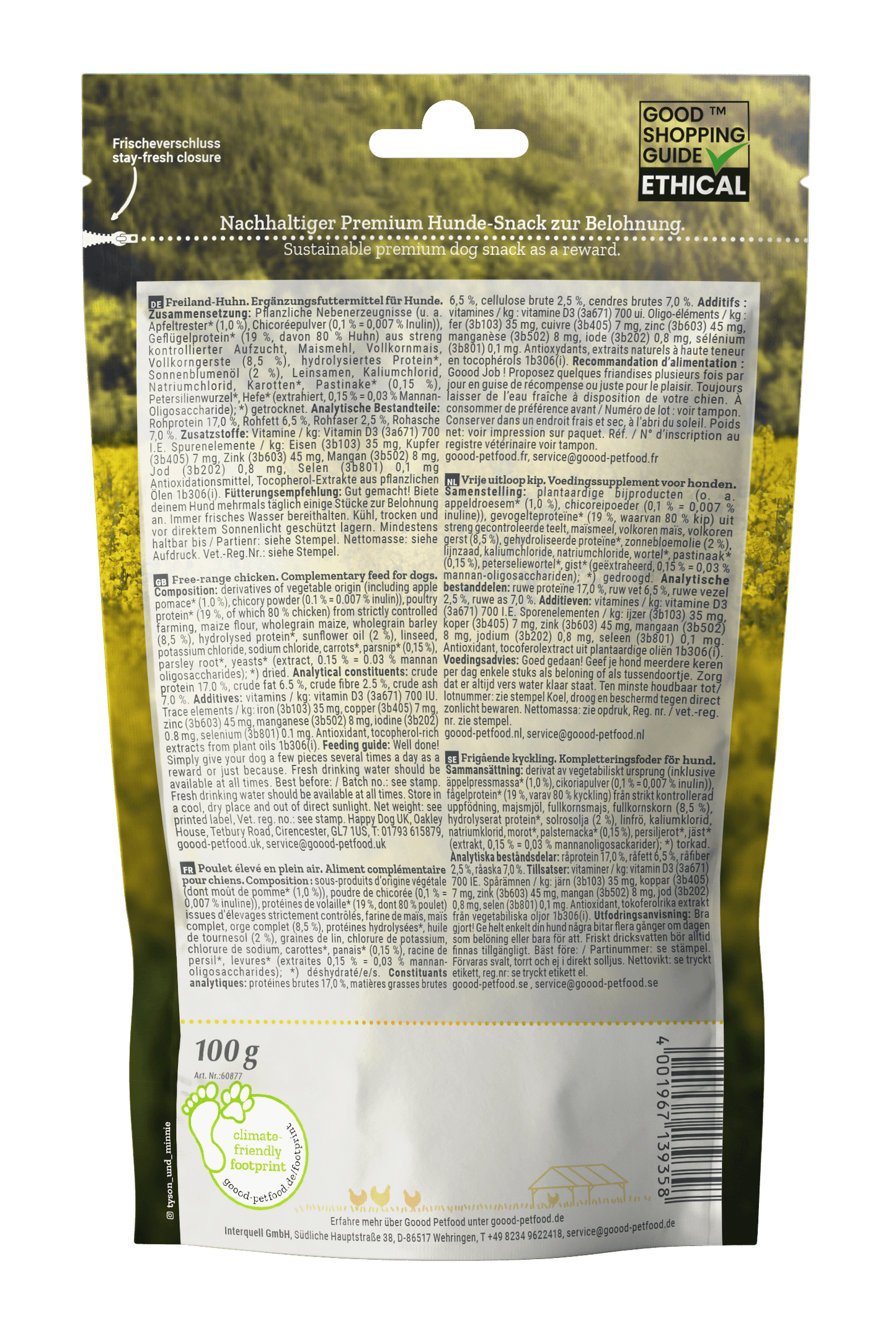 Adult Soft Gooodies - Free Range Chicken package back with ingredient details and ethical certification.