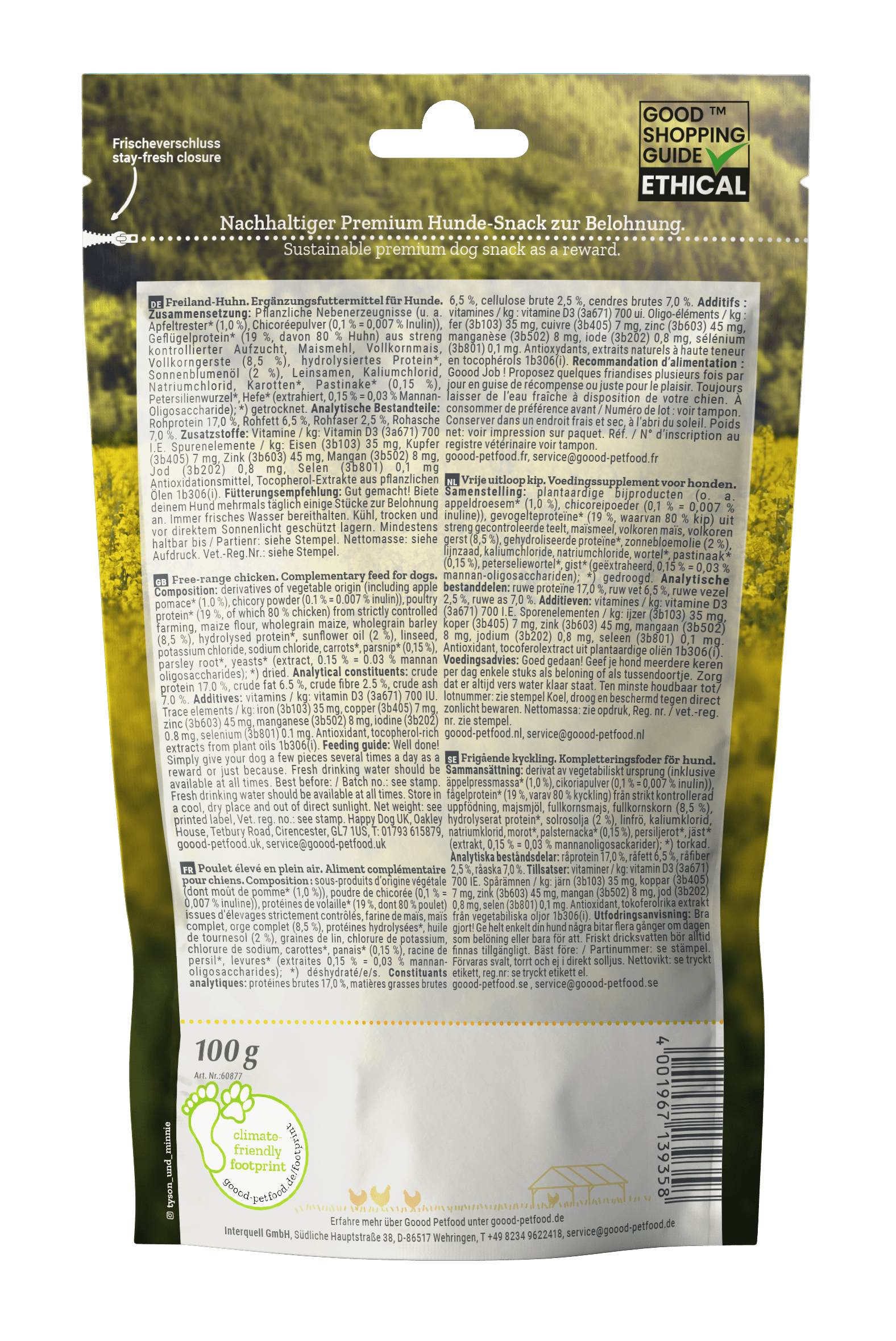 Adult Soft Gooodies - Free Range Chicken package back with ingredient details and ethical certification.