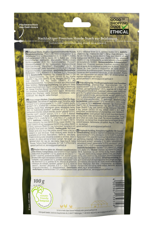 Adult Soft Gooodies - Free Range Chicken package back with ingredient details and ethical certification.