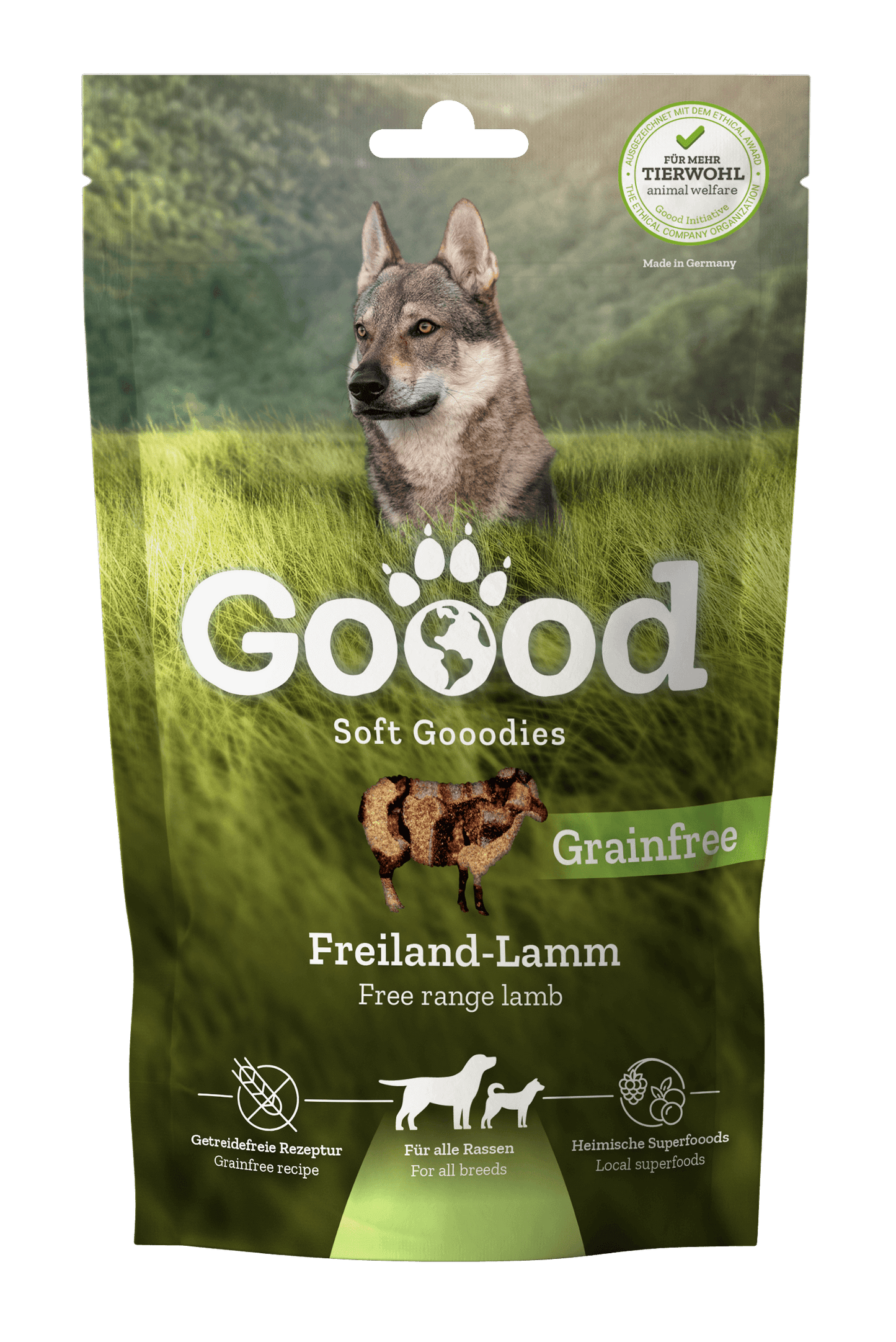 Adult Soft Gooodies - free range lamb packaging with a wolf on grass, representing healthy dog treats.