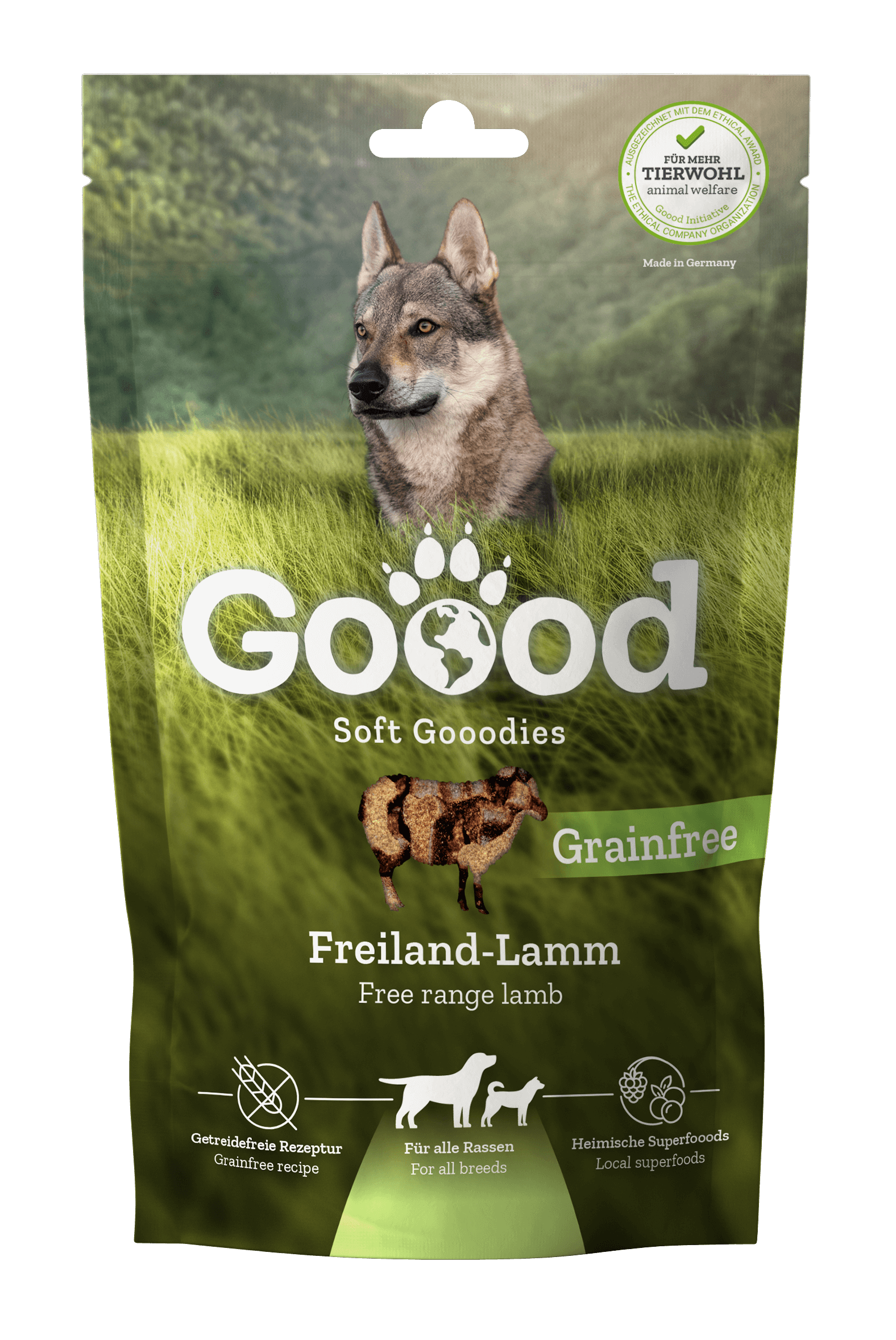 Adult Soft Gooodies - free range lamb packaging with a wolf on grass, representing healthy dog treats.