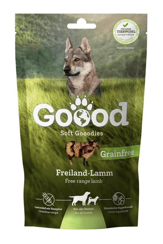 Adult Soft Gooodies - free range lamb packaging with a wolf on grass, representing healthy dog treats.