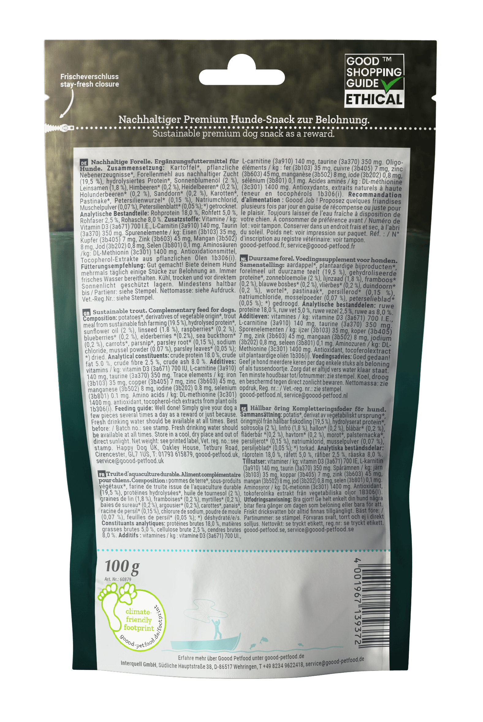 Adult Soft Gooodies - Sustainable Trout packaging showing ingredients and nutritional information for dog treats.