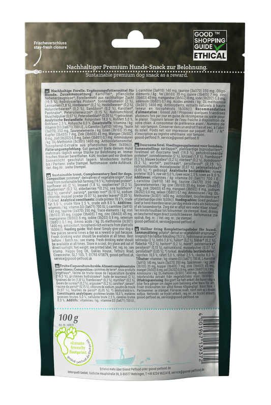 Adult Soft Gooodies - Sustainable Trout packaging showing ingredients and nutritional information for dog treats.