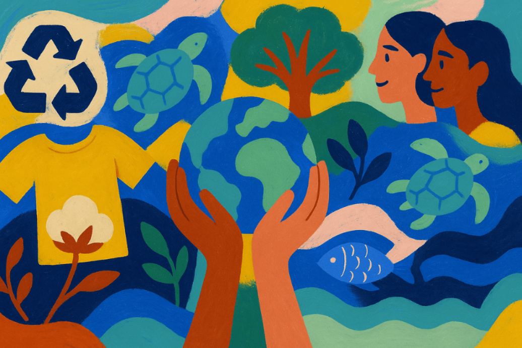 Illustration of people holding hands with a recycling symbol, trees, and turtles, promoting environmental awareness.