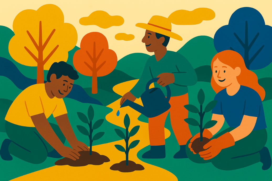 Illustration of three people planting trees in a forest setting
