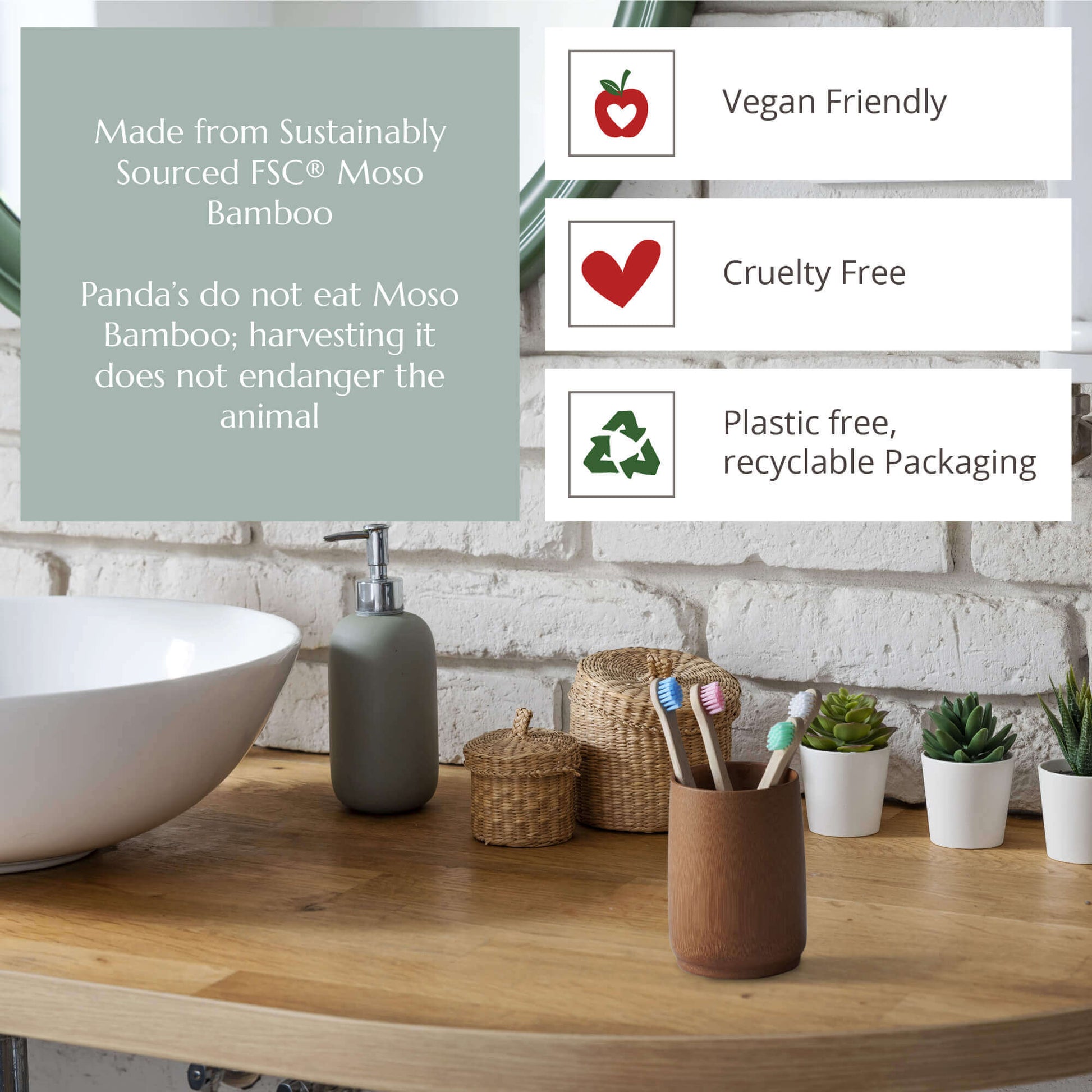 Bathroom setting with bamboo products and sustainability information displayed.