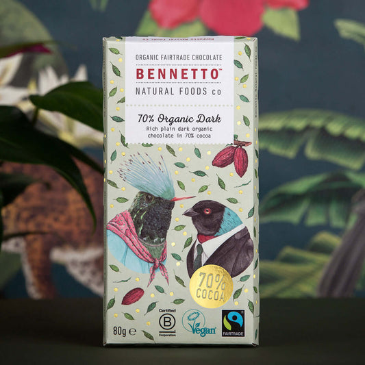 70% Organic Dark chocolate packaging from Bennetto, eco friendly online shop in Brighton and Hove, UK.