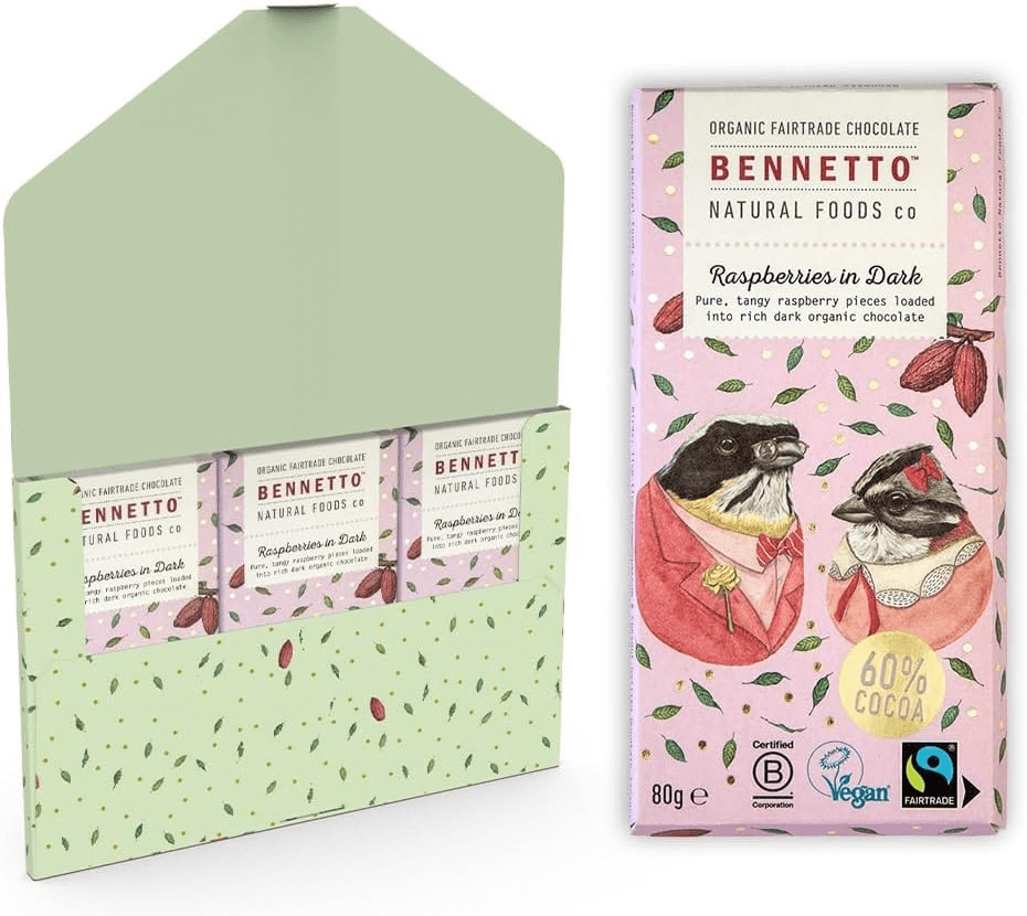 Raspberries in Dark chocolate packaging featuring eco-friendly design, available in Brighton and Hove, UK.
