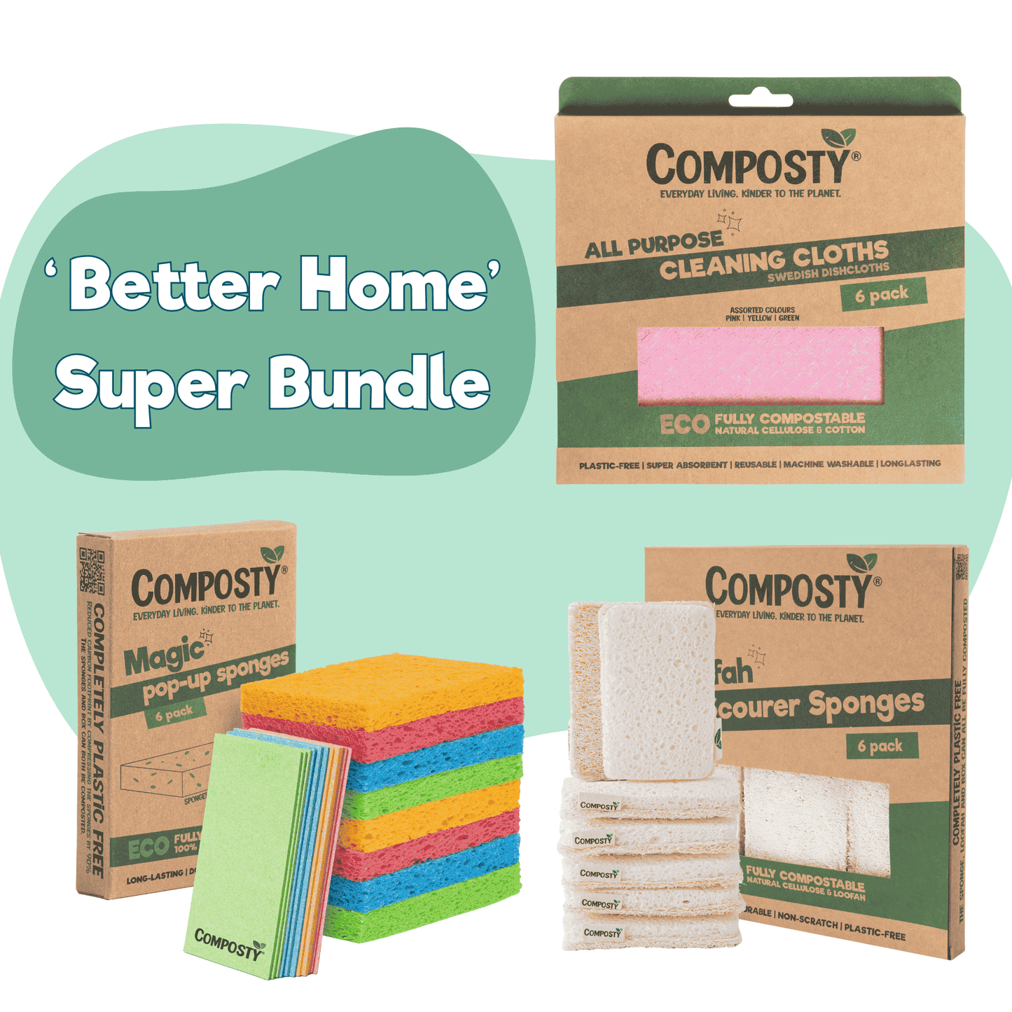 The Better Home Super Bundle – 6/6/6 Eco Kitchen & Home Set featuring eco-friendly sponges and dishcloths.