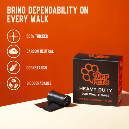 Tuff Pets heavy-duty dog waste bags with packaging on an orange background
