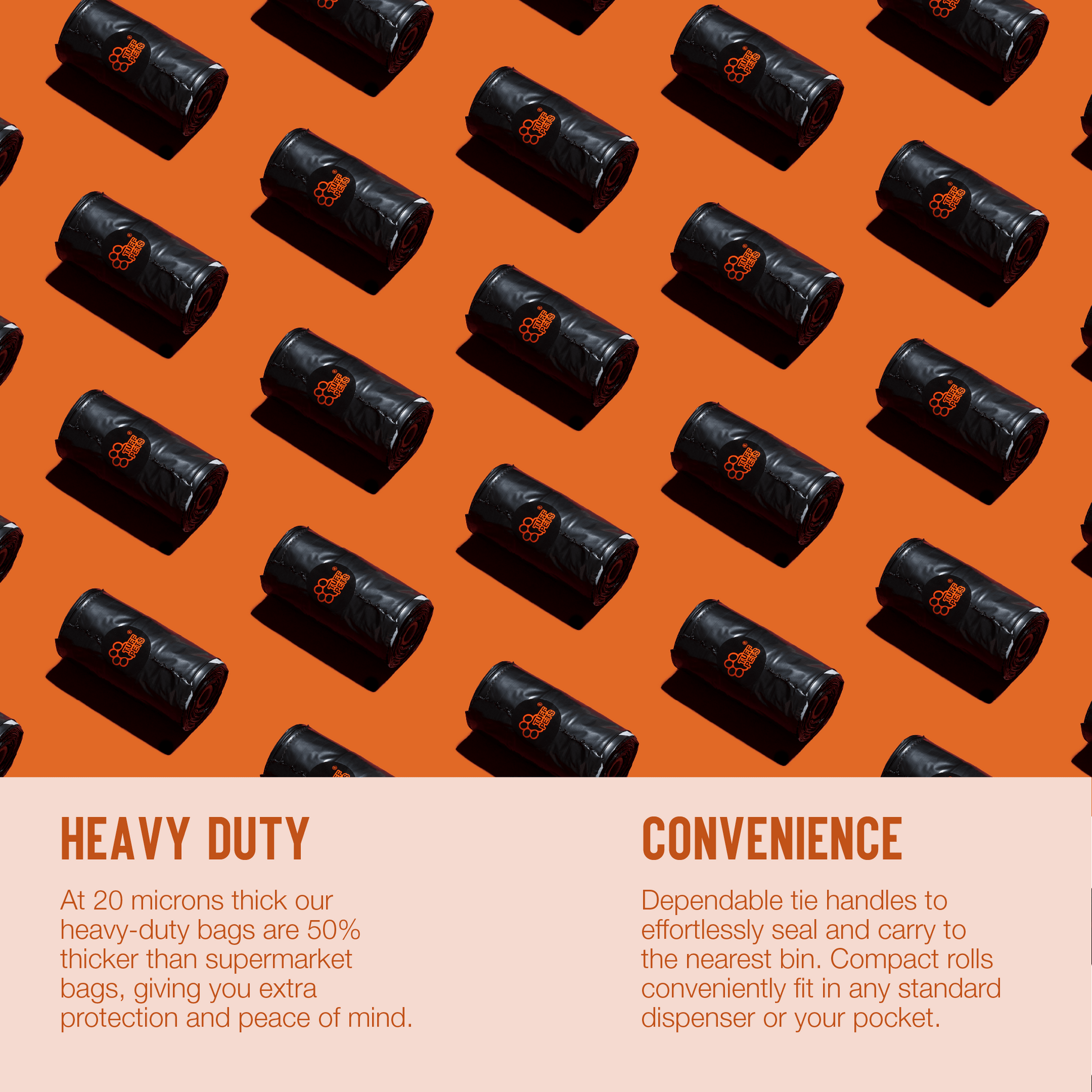 Pattern of black plastic bags on an orange background with text about their features.